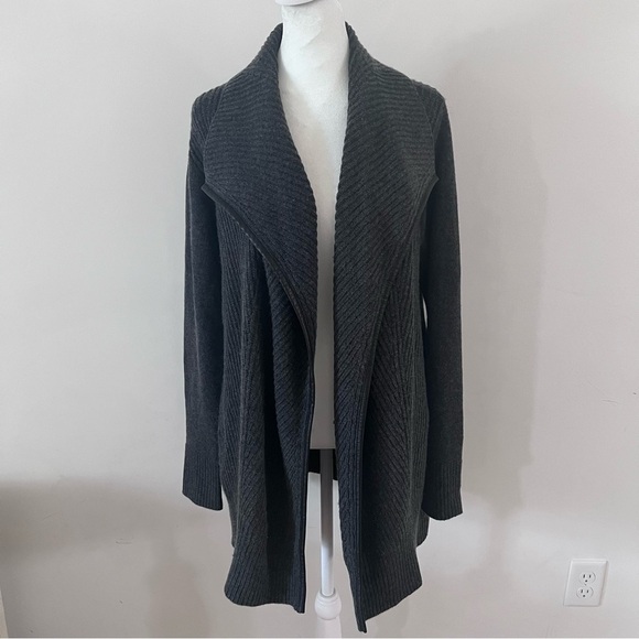 Vince Charcoal Grey Wool Cashmere Blend Open Front Leather Trimmed Cardigan - Picture 3 of 10